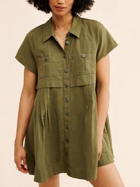 Free People Olive Green Ronnie Poplin Lagenlook Mini Dress Size Medium